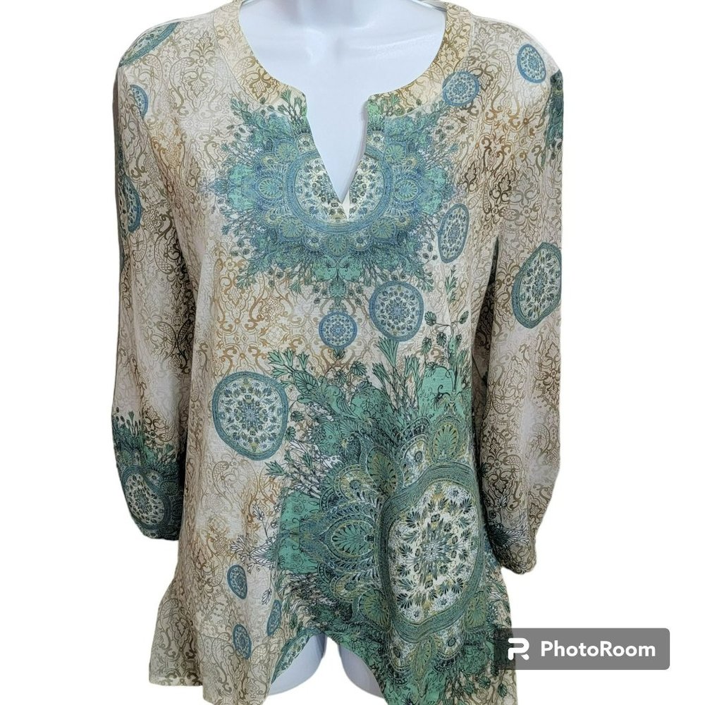 Chico's Tunic Top, Women 2(Med),Tan & Green Medallion Boho Print, 3/4 Sleeve,EUC